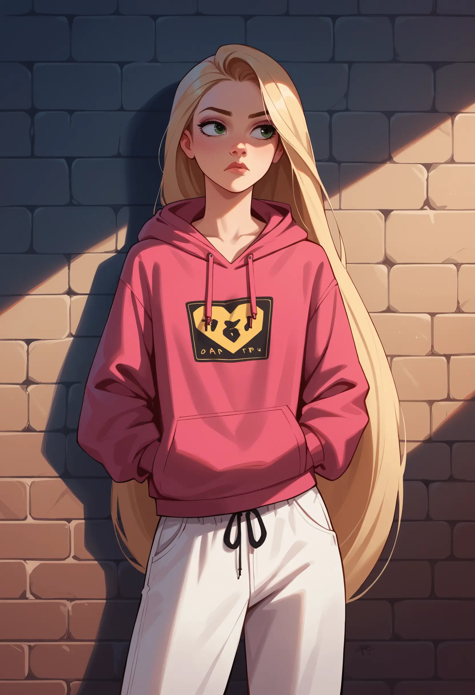 Anime girl with long blonde hair in urban graffiti alley