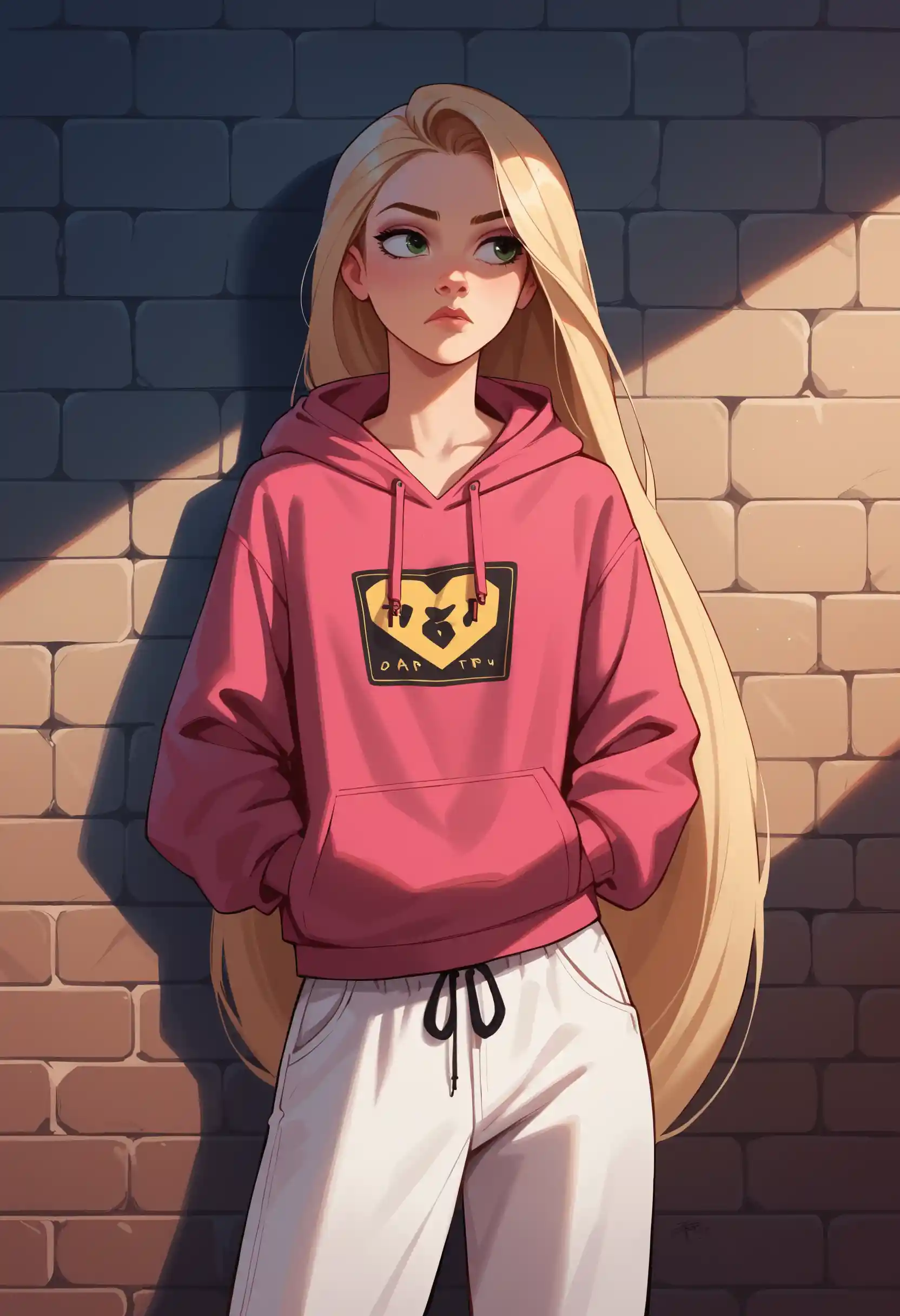 Anime-Mädchen mit langen blonden Haaren in urbaner Graffiti-Gasse