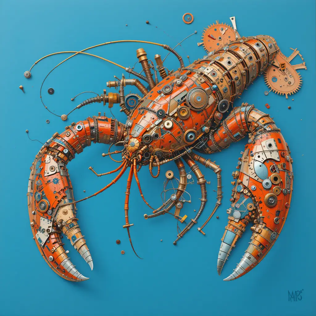 Mechanical lobster collage on bright blue digital background
