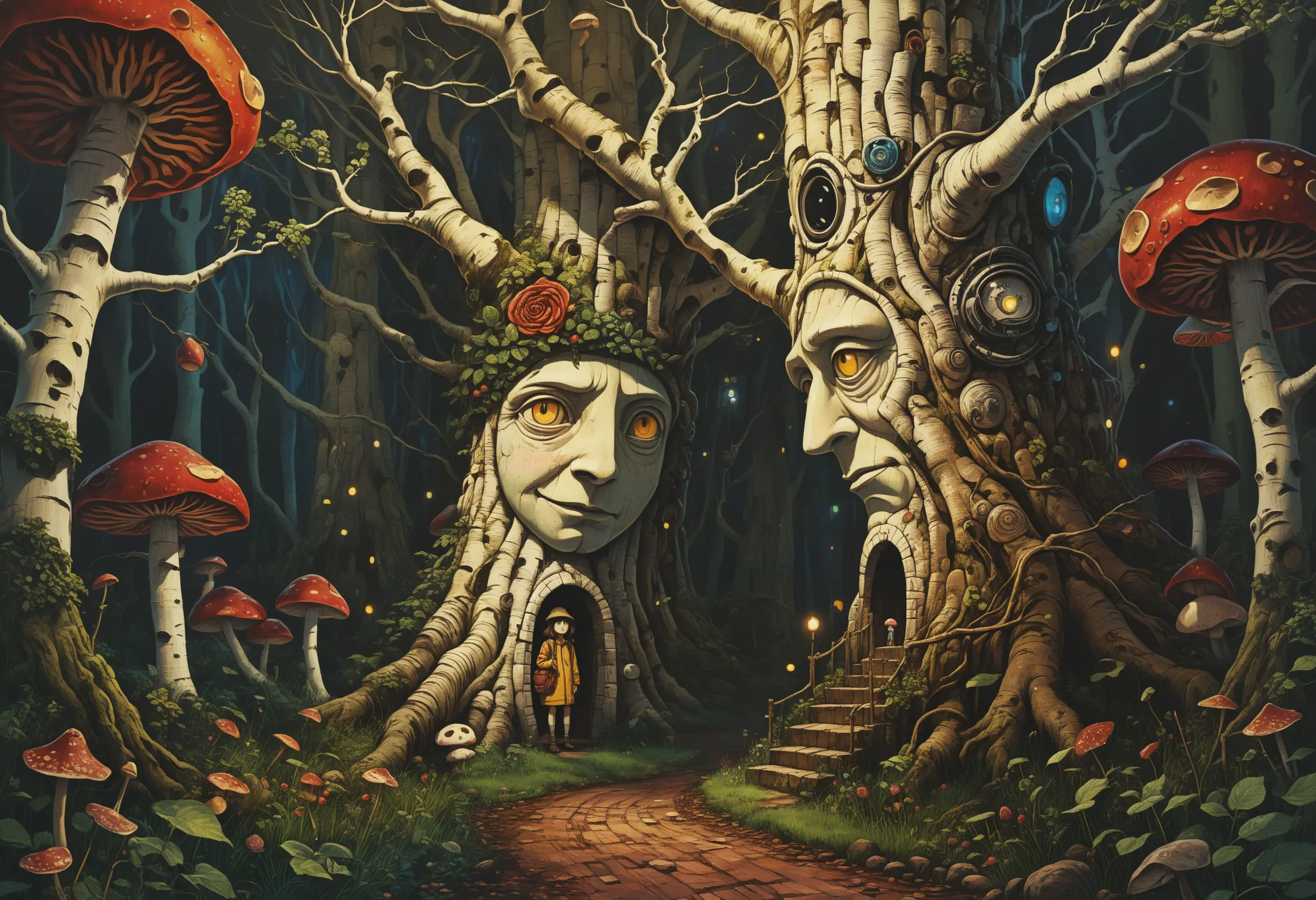 Anthropomorphic forest trees on a night road illustration