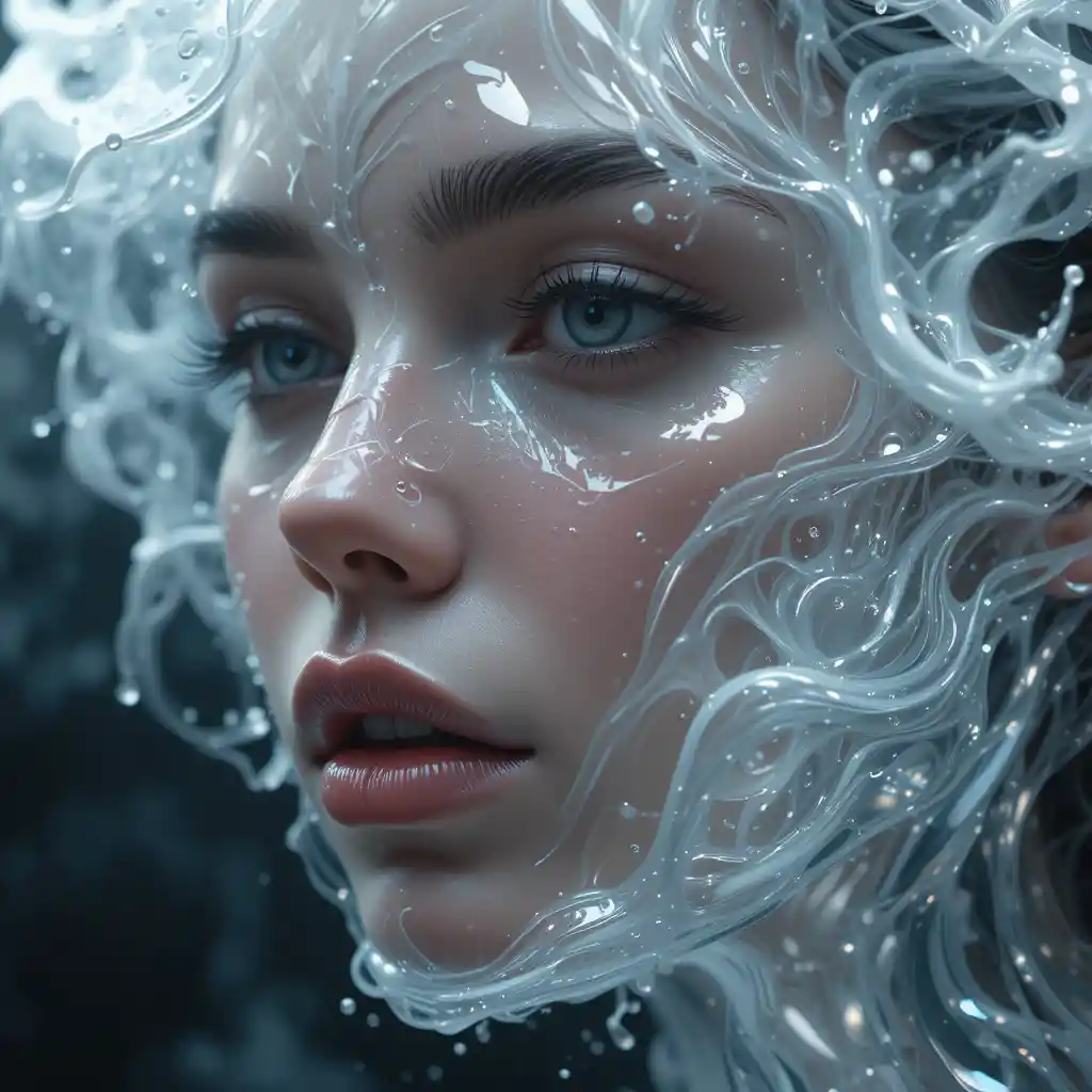 Fantasy liquid woman face in silver water and smoke
