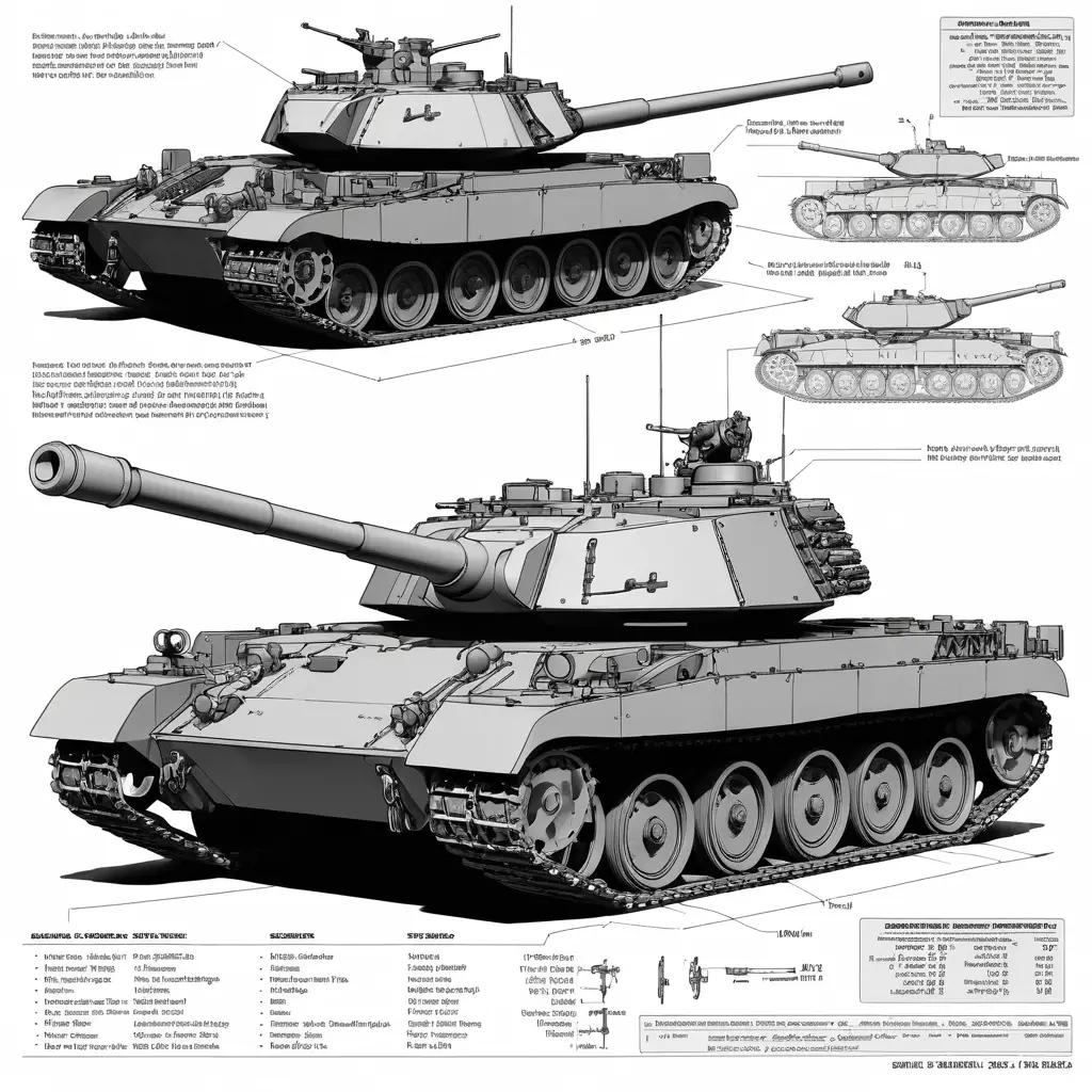Technical drawing front and rear views of a military tank
