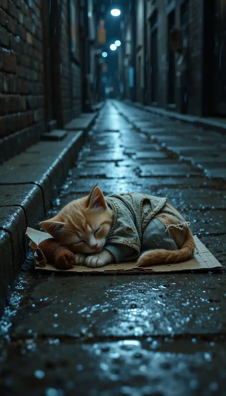 Homeless kitten sleeping on wet pavement in the rain