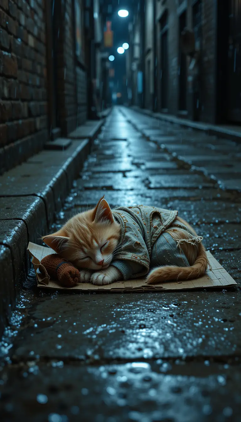 Gattino senzatetto che dorme sul pavimento bagnato sotto la pioggia