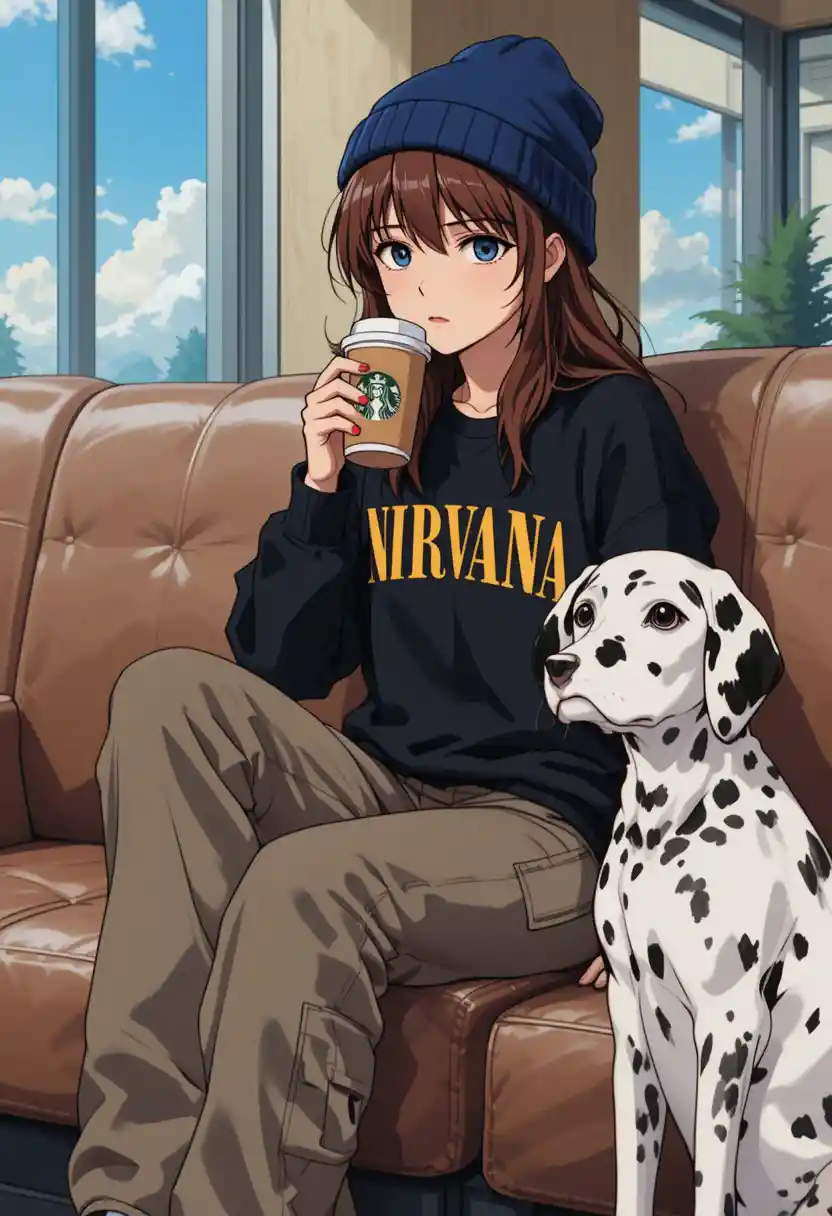 Teen girl in nirvana sweatshirt with dalmatian at cafe