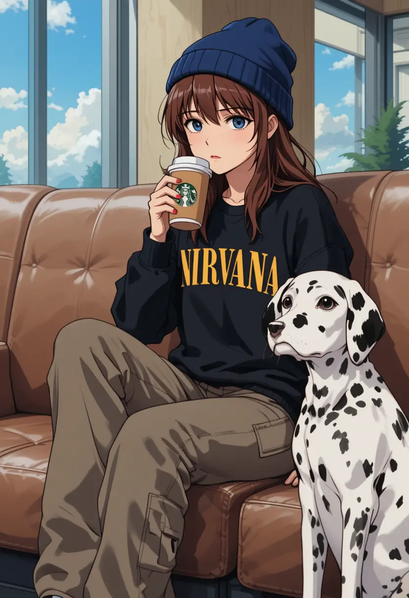 Teen girl in nirvana sweatshirt with dalmatian at cafe