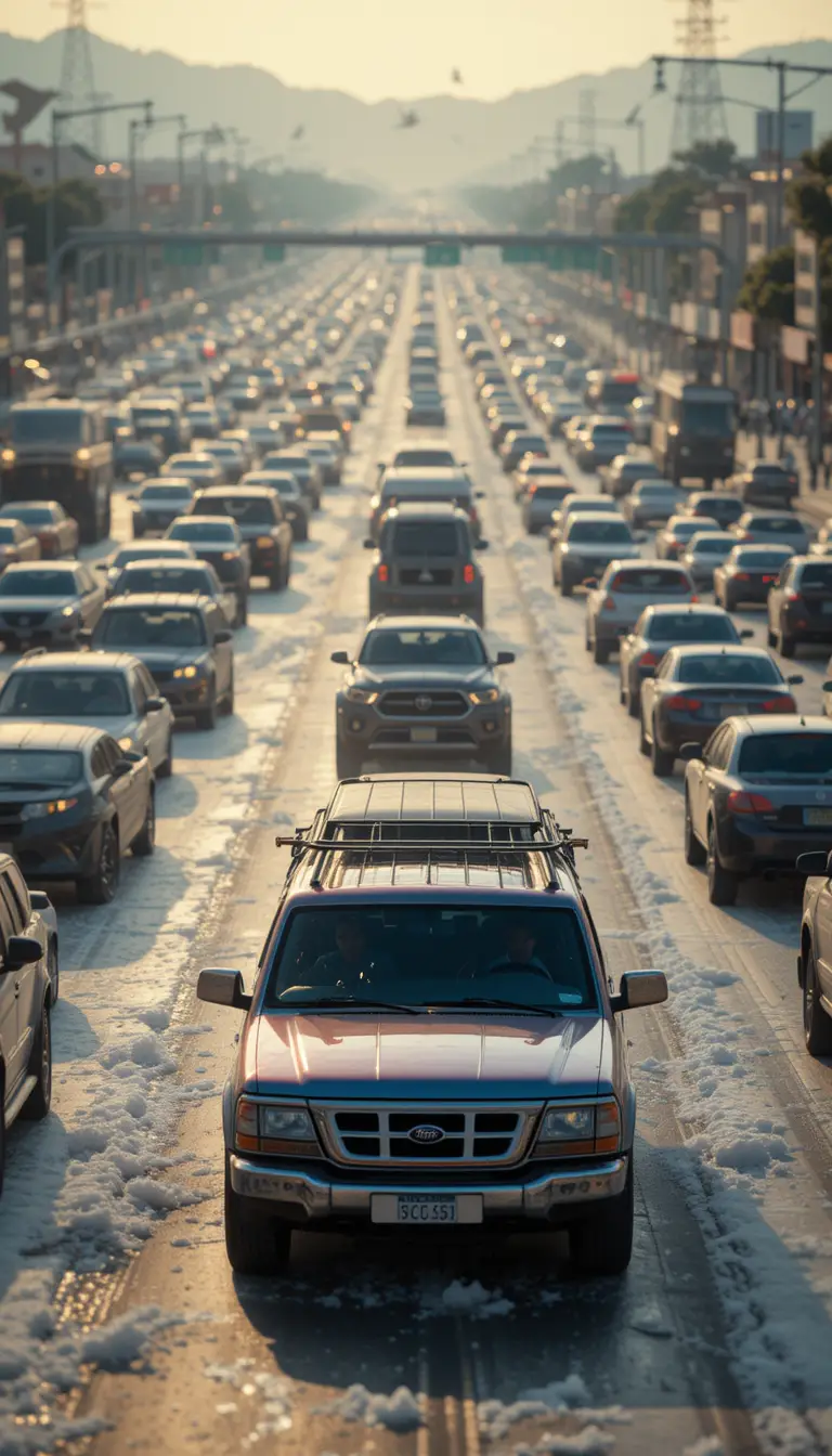 Frozen autonomous cars gridlocked on a scorching la freeway