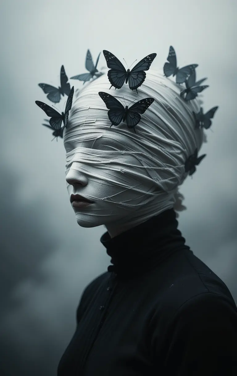 Surreal portrait of a bandaged figure with dark butterflies