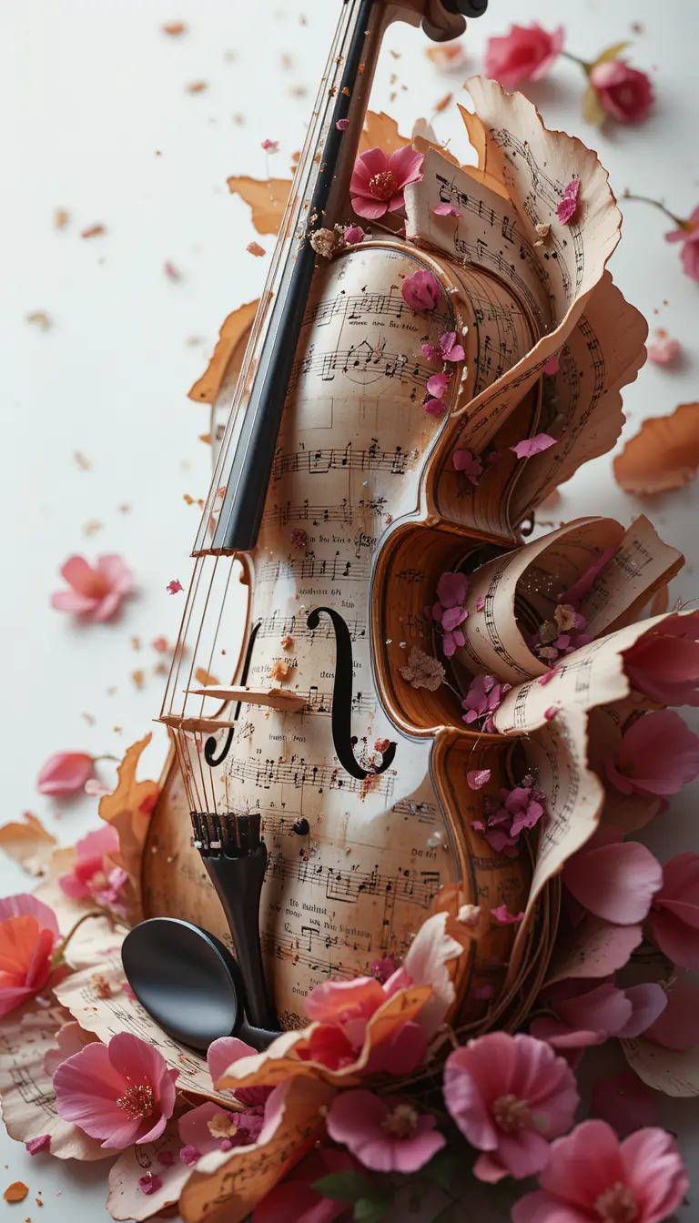 Violin With Growing Vintage Sheet Music In Side Profile