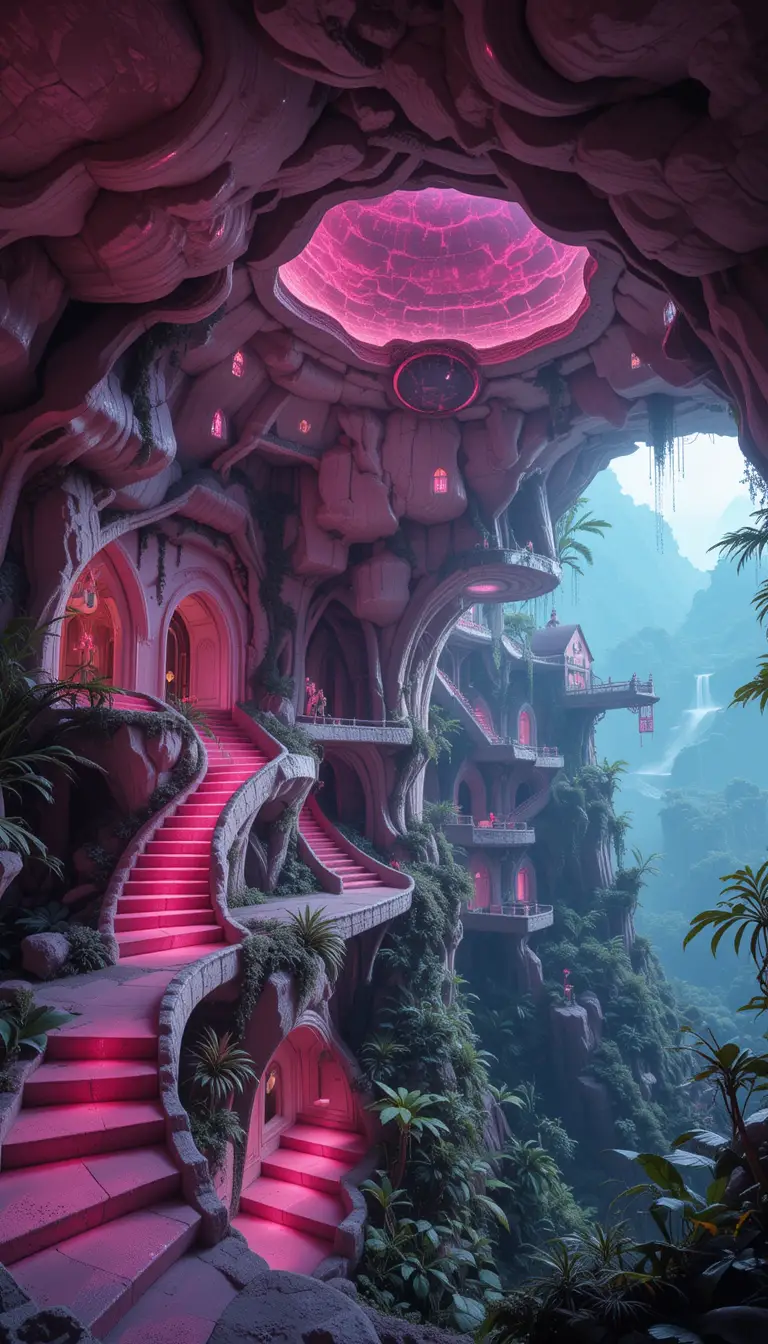 Ancient Jungle Resort With Obsidian Walls And Pink Pathways