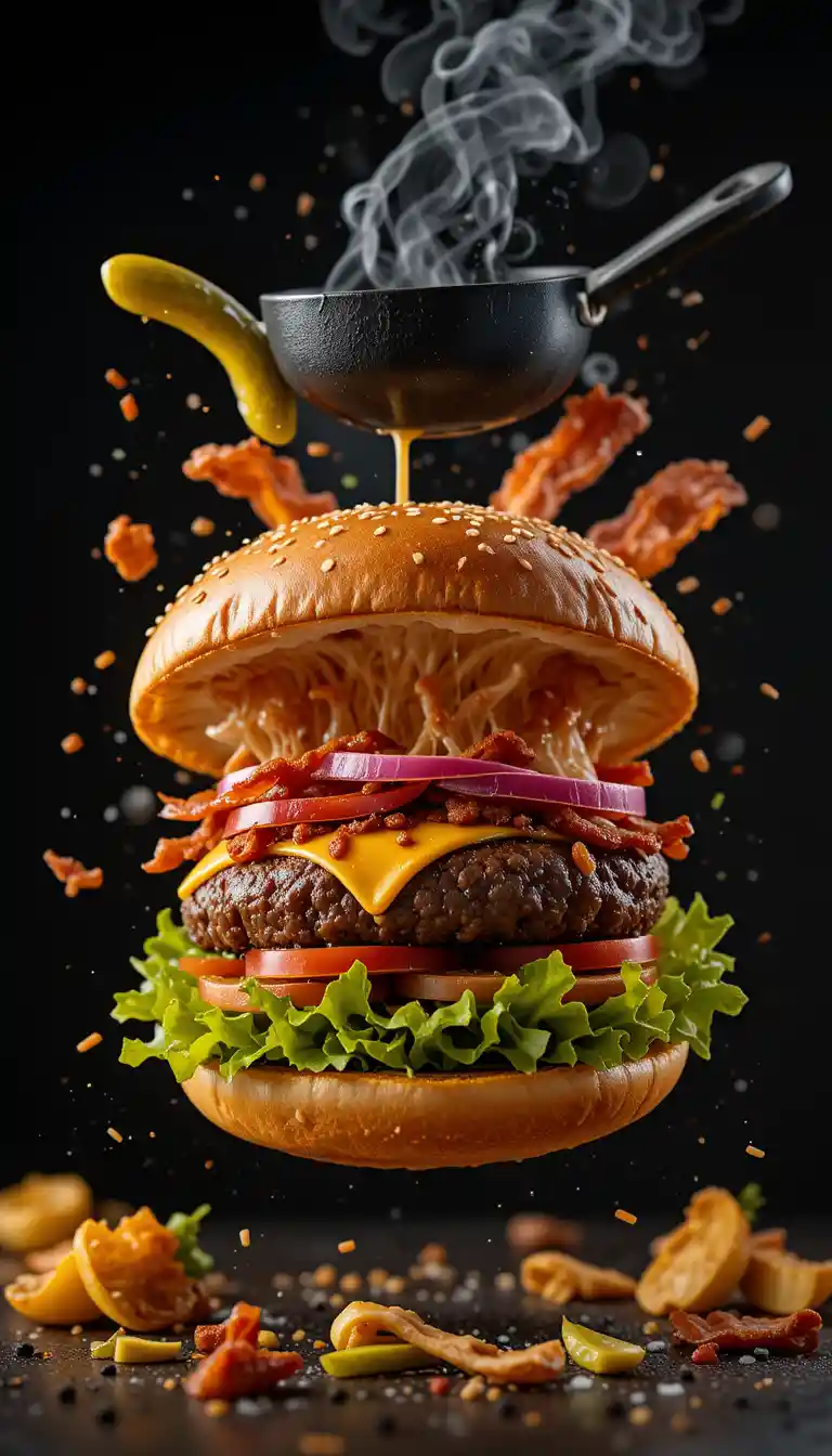 Explodierender Gourmet-Burger mit schwebenden Zutaten auf schwarzem Hintergrund