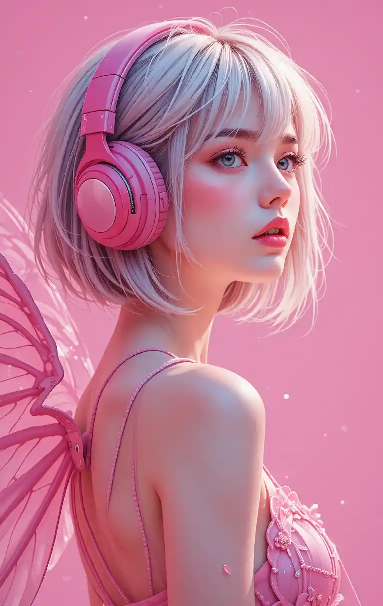 Anime girl with pink headphones and wing close up