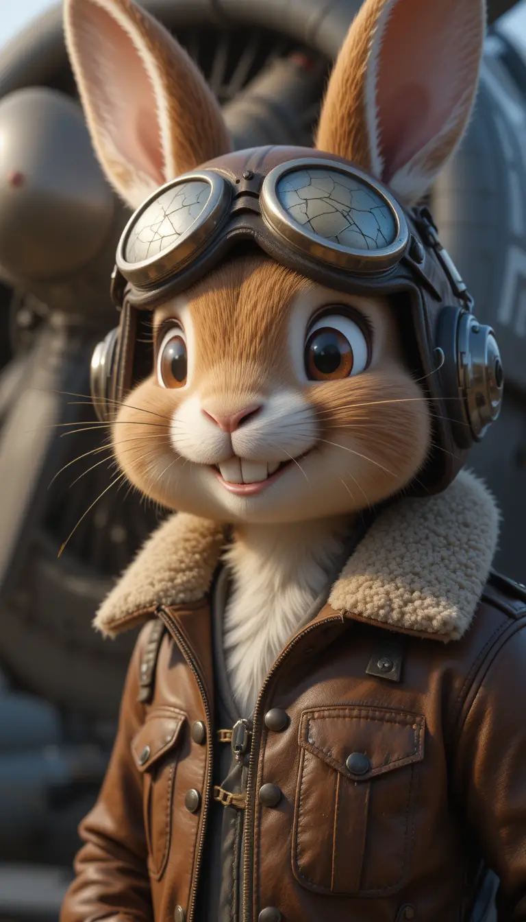 Cartoon rabbit pilot with leather jacket and goggles