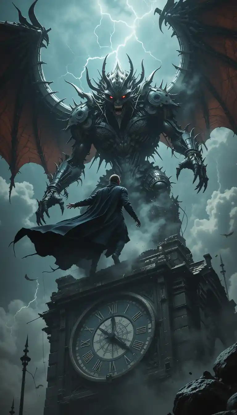 Vampire Warrior Battles Mechanical Gargoyle On Clock Tower