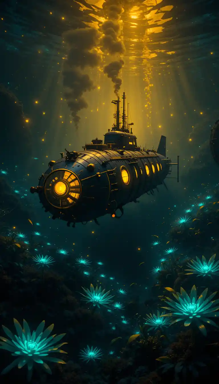 Sottomarino nero e giallo in un mare profondo luminoso