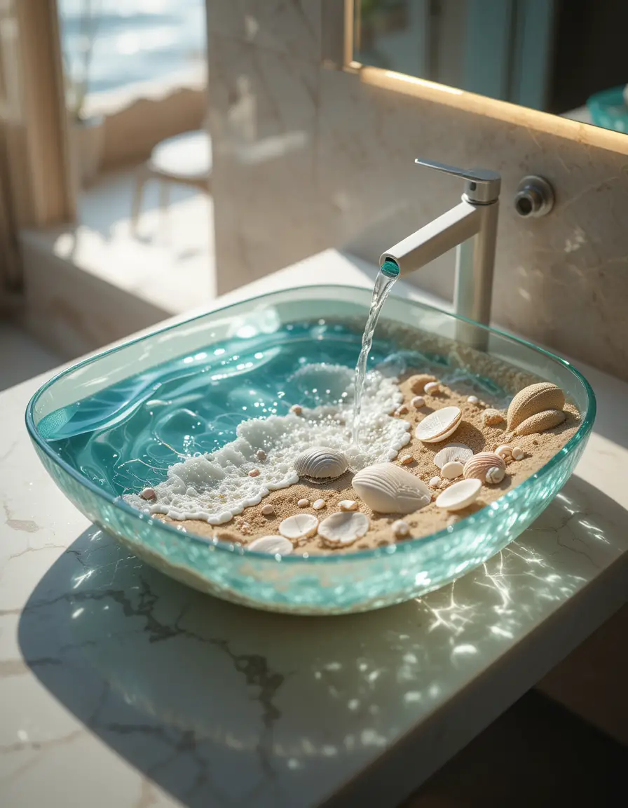 Luxurious Modern Bathroom Sink With Miniature Ocean Scene