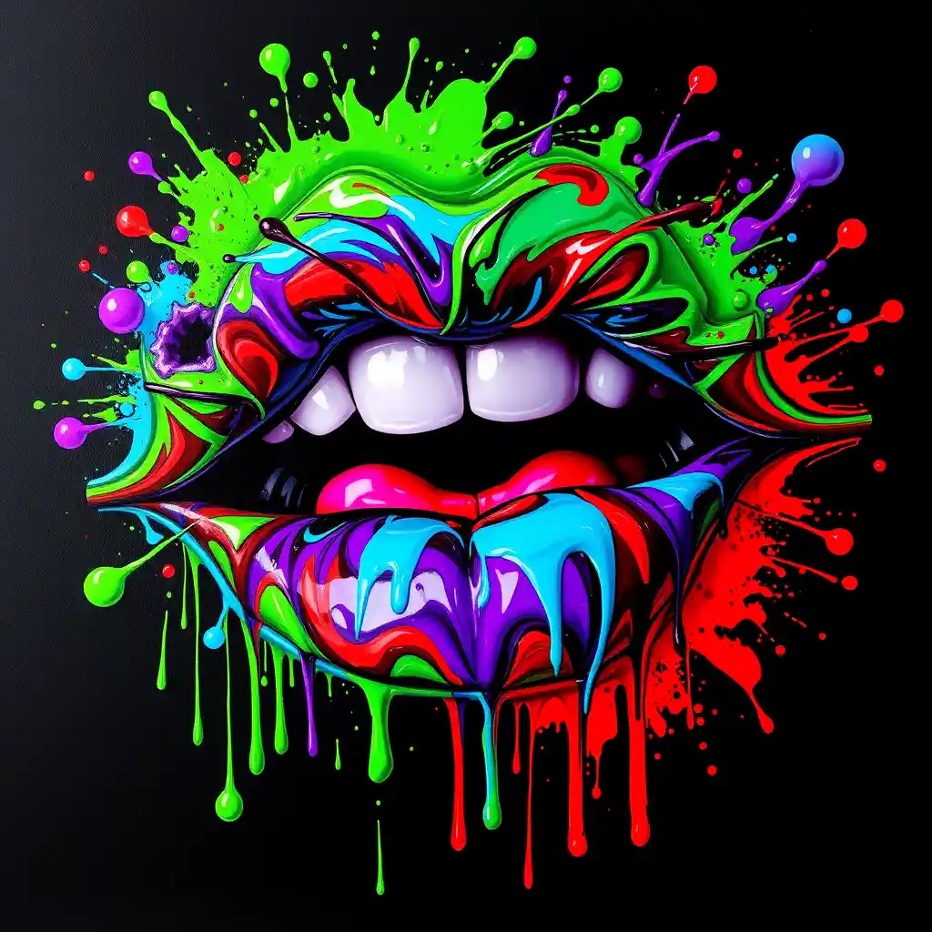 Surreal neon mouth with abstract dripping paint