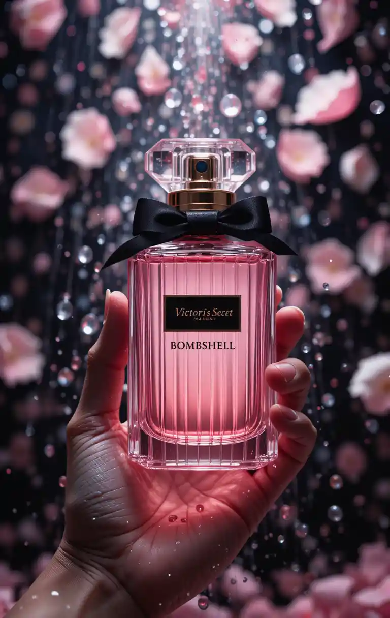 Romantic close up of a pink perfume bottle in water