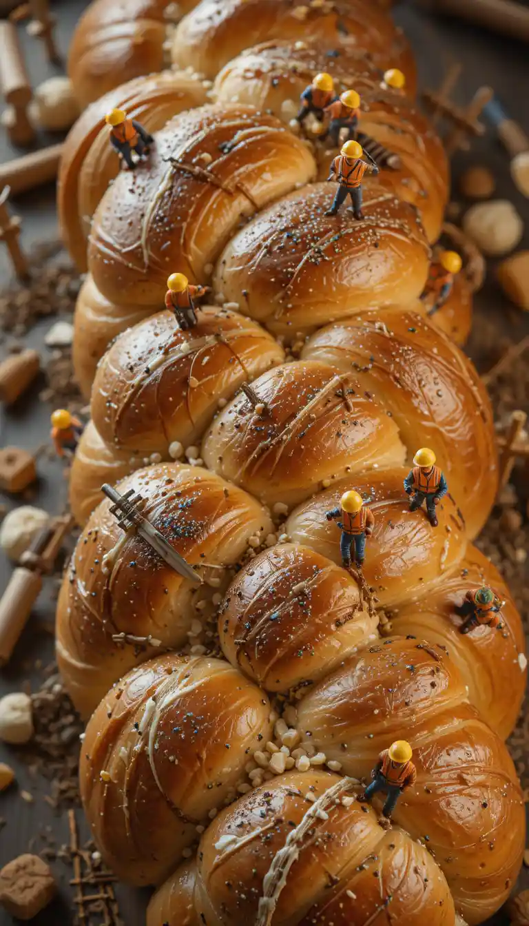 Miniature workers on giant braided challah bread construction