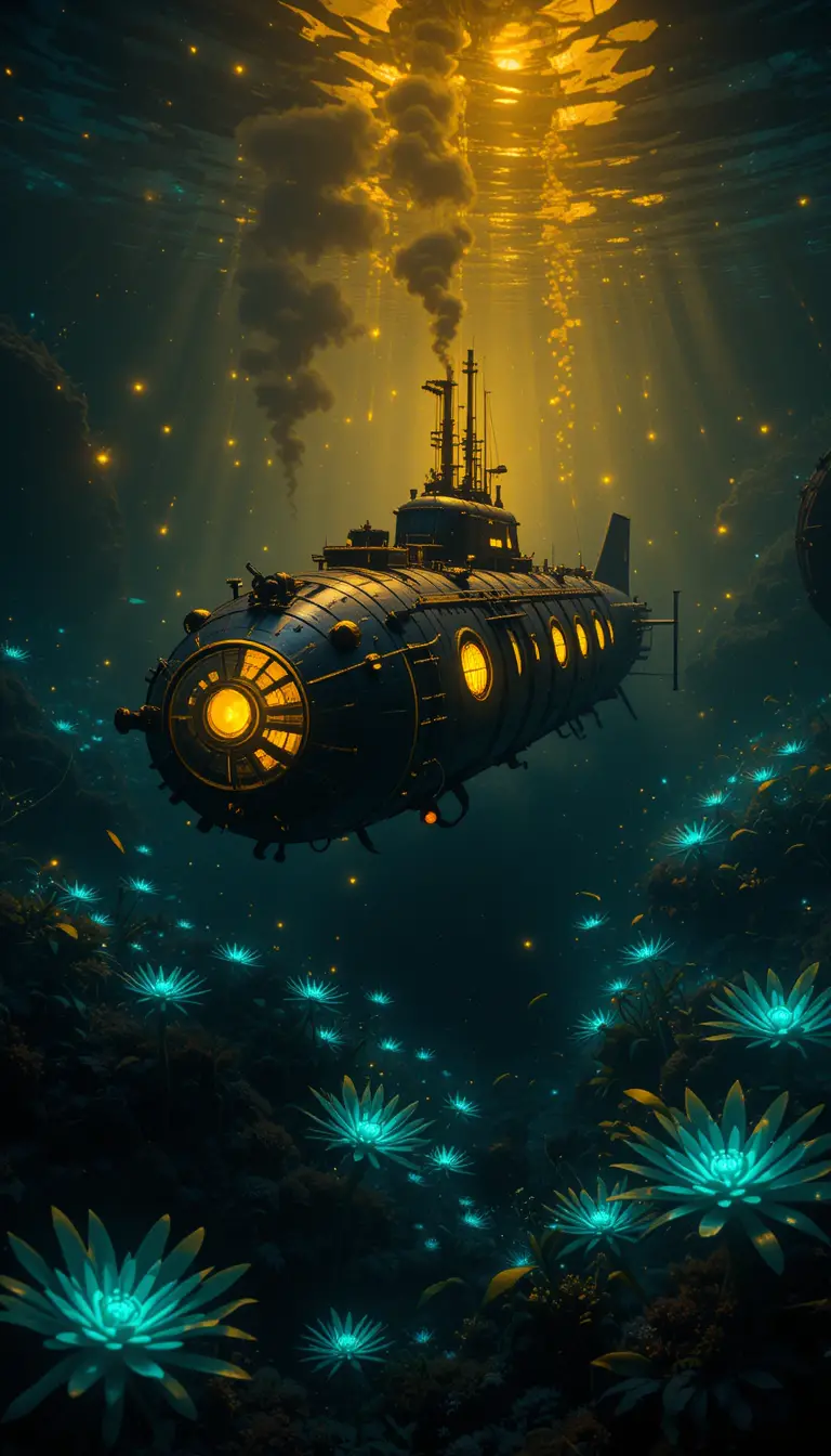 Black and yellow submarine in a glowing deep sea