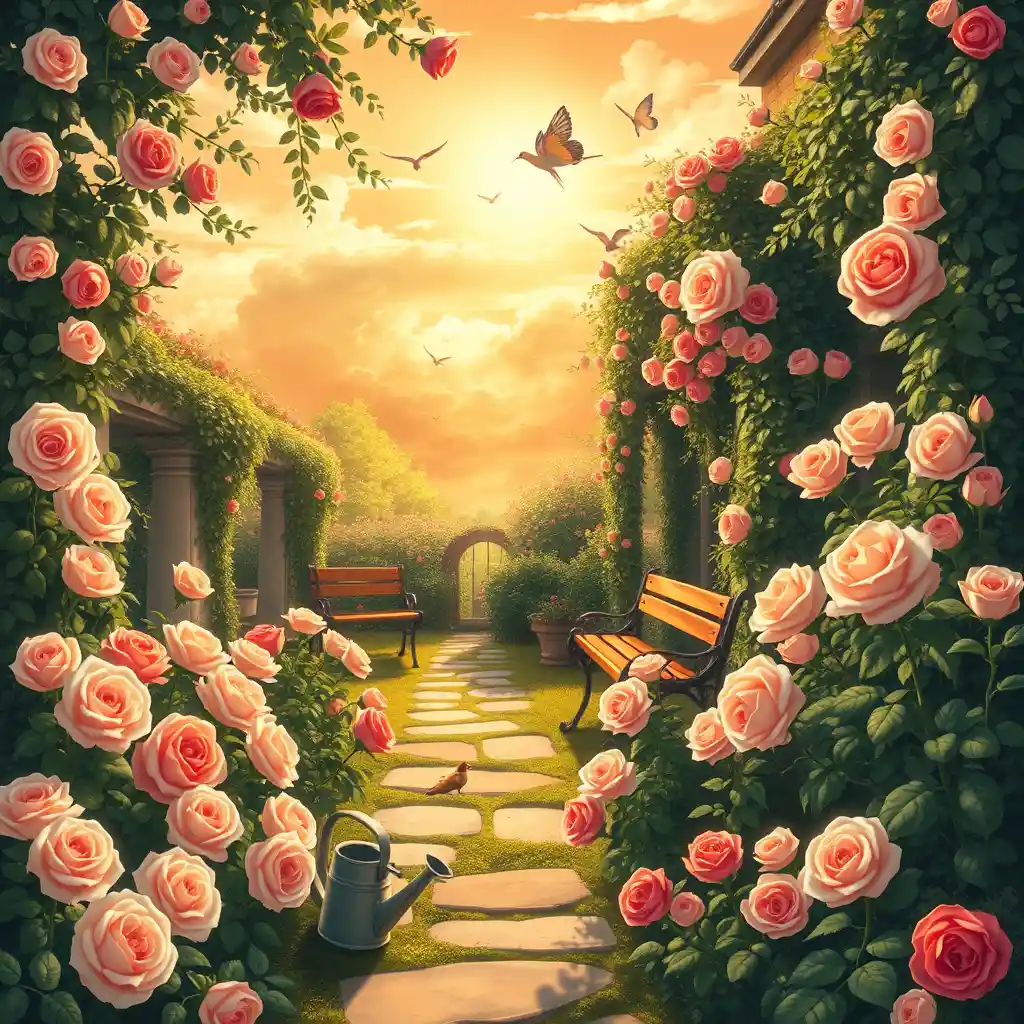 Serene Anime Rose Garden In Warm Afternoon Light