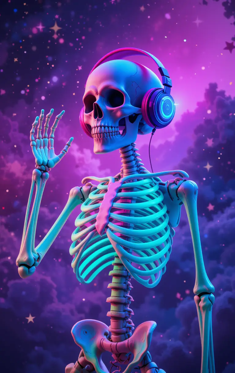 Colorful neon skeleton with headphones in starry space