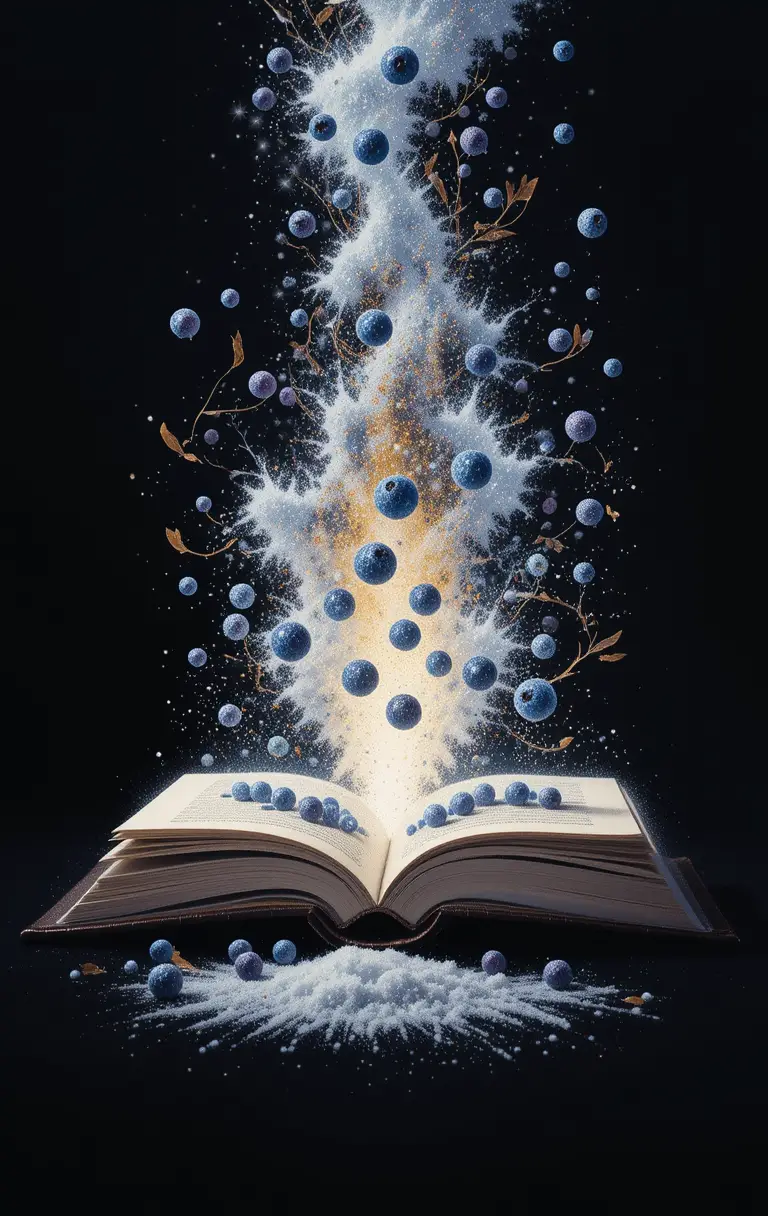 Open book with glowing watercolor light and crumbs