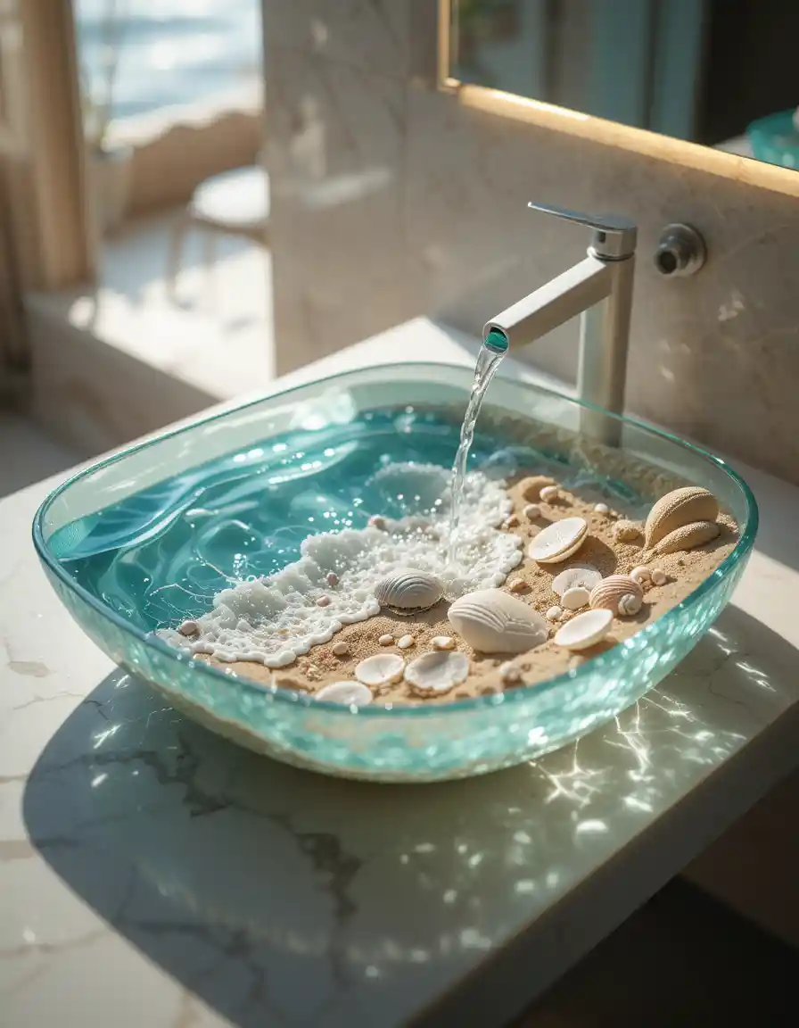 Luxurious Modern Bathroom Sink With Miniature Ocean Scene