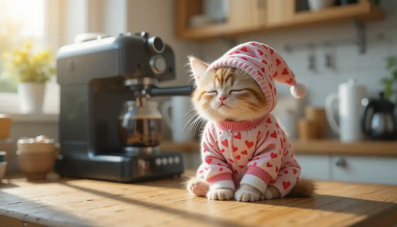 Sleepy kitten in heart pajamas by the kitchen coffee maker