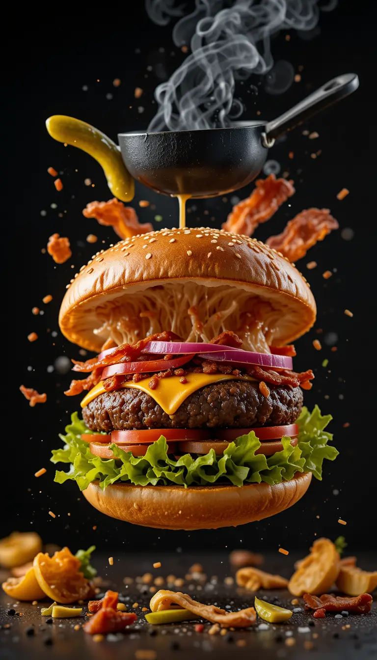 Exploding gourmet burger with floating ingredients on black