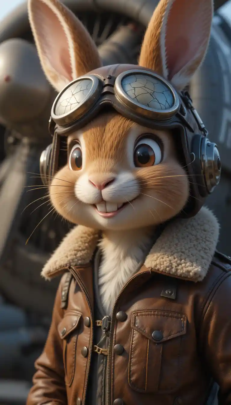 Cartoon rabbit pilot with leather jacket and goggles