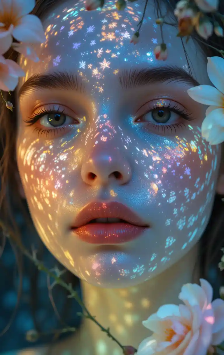 Surreal portrait of a woman with refracted light and flowers