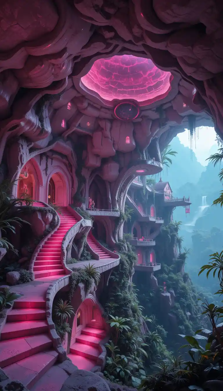 Ancient Jungle Resort With Obsidian Walls And Pink Pathways