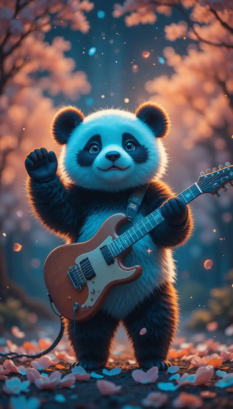 Cute panda playing electric guitar under a magical night sky