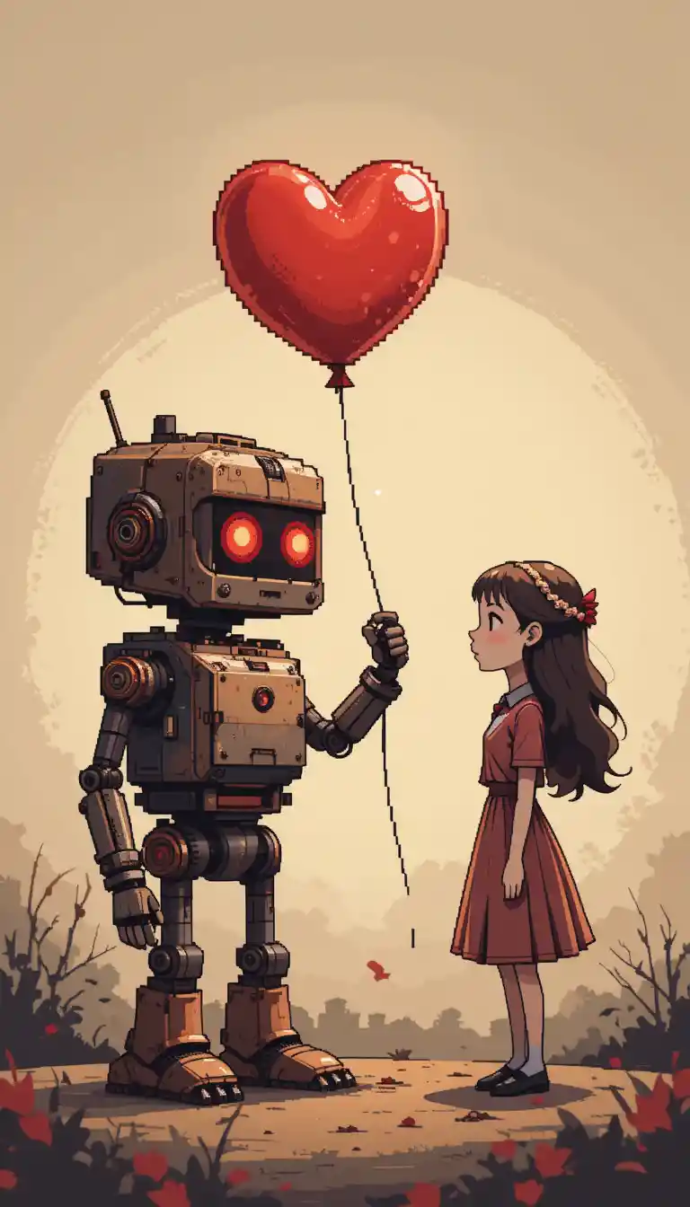 Rusty robot offering heart balloon to young woman