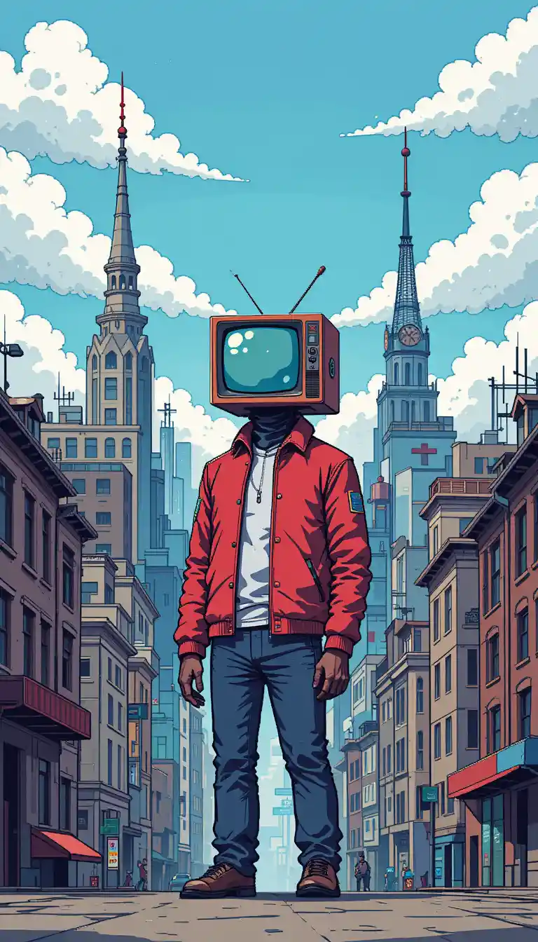 Pixel art robot man with tv head in red jacket
