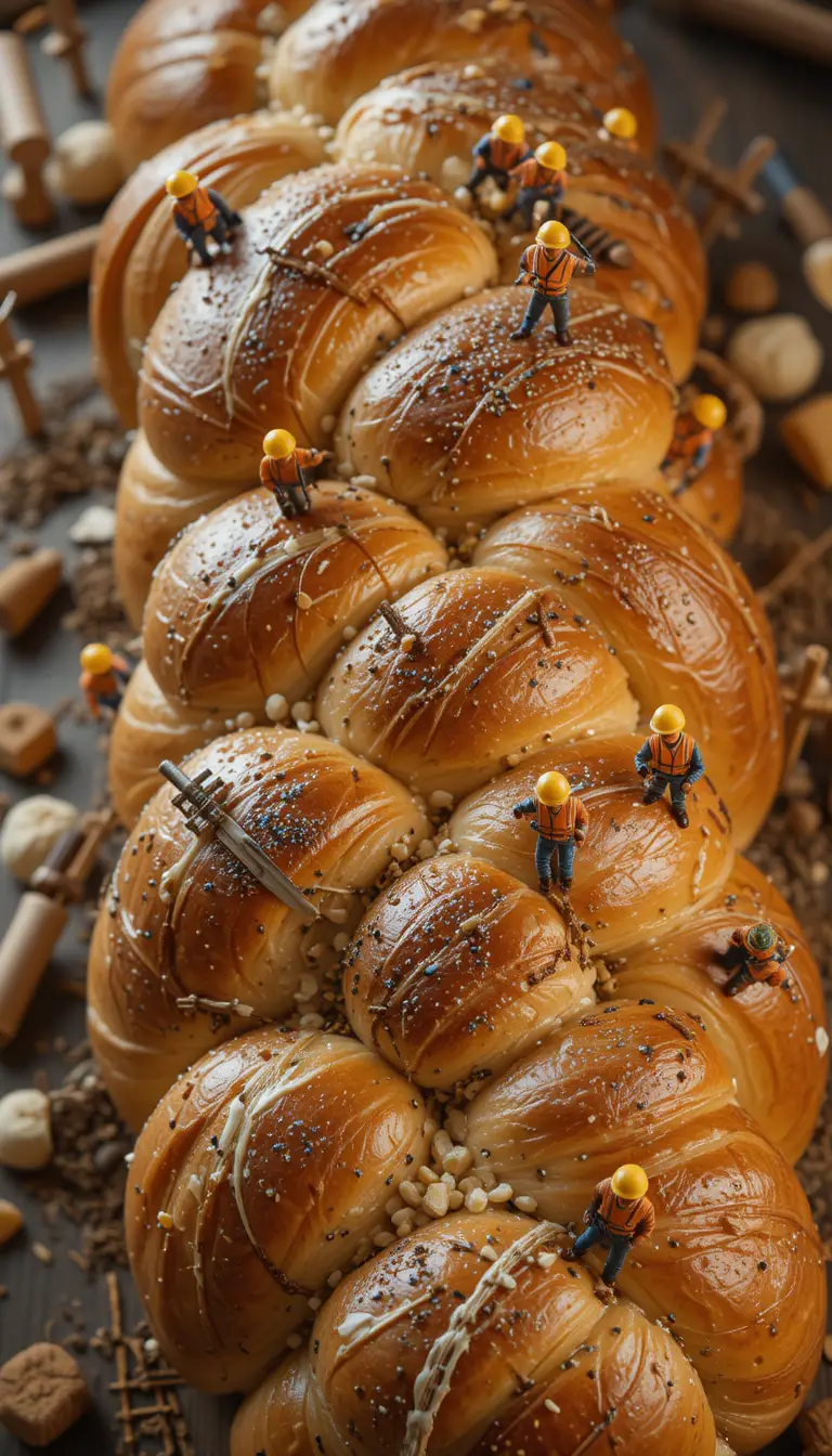 Miniature workers on giant braided challah bread construction