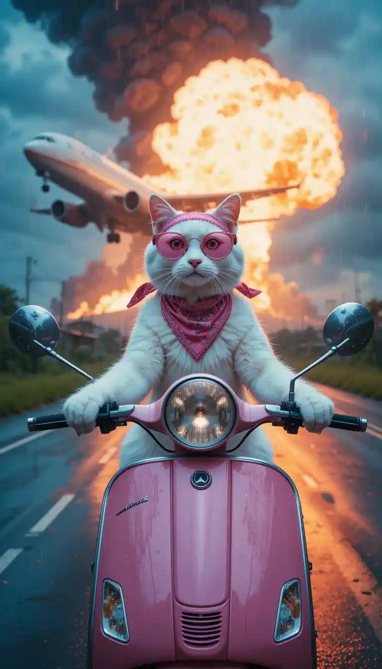 Stylish white cat riding a pink scooter on wet road