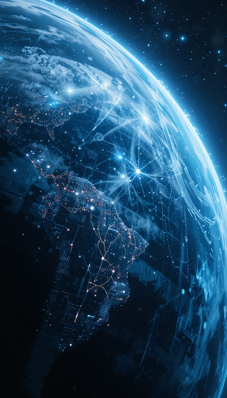 Digital earth with glowing data rings in deep space