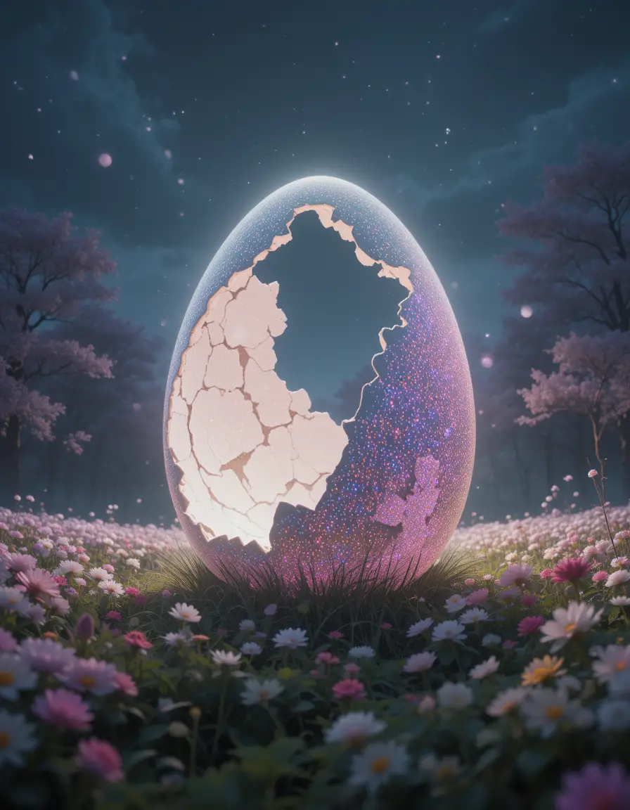 Giant Broken Easter Egg Glowing In A Pastoral Landscape