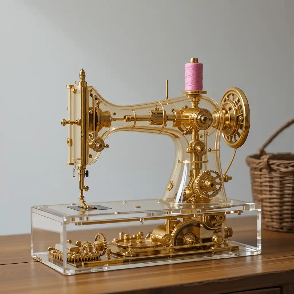 Transparent gold steampunk sewing machine on clear mechanical base