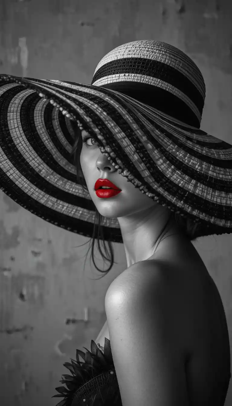 Black and white fashion portrait with striped sun hat