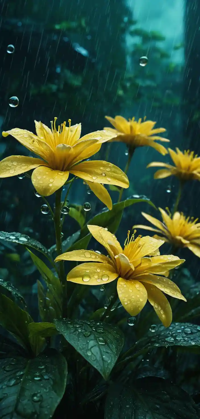 Close up yellow flowers in cyberpunk rainy garden