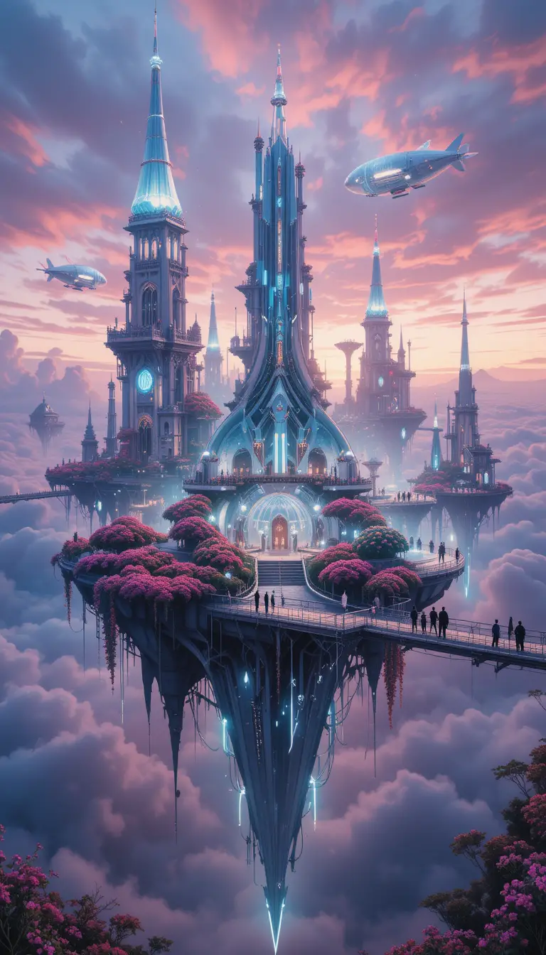 Ethereal Floating City Across Interconnected Sky Islands