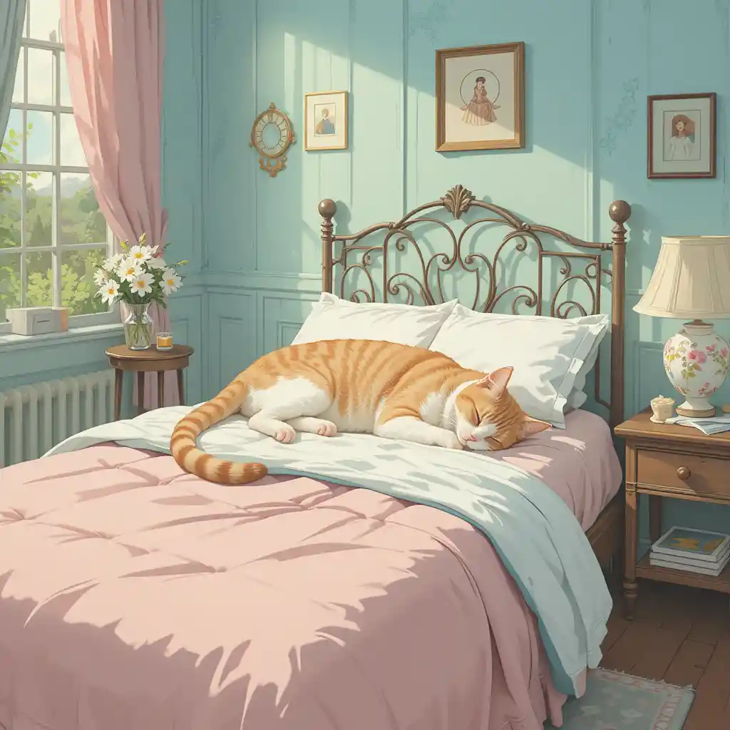 Sleeping cat on a bed in a pastel vintage bedroom