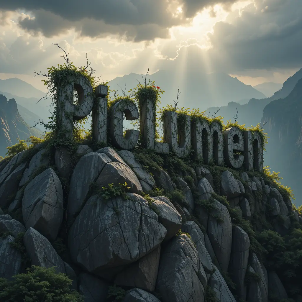 Granite letters on a mountain peak with dramatic sunrays