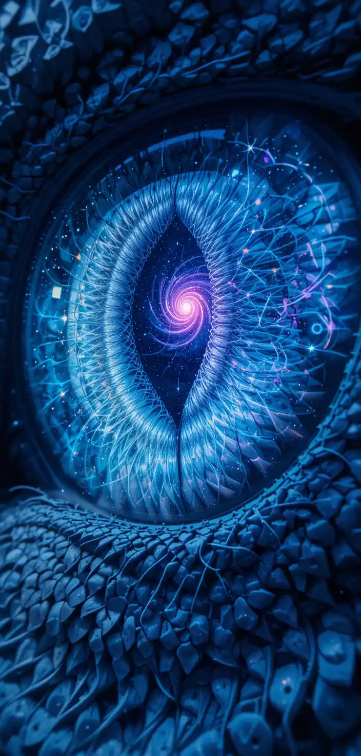 Silver wolf reflected in a cosmic dragon eye close up