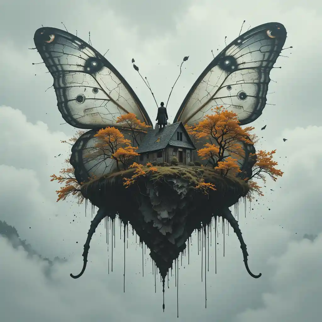 Giant butterfly island with cottage in surreal autumn sky
