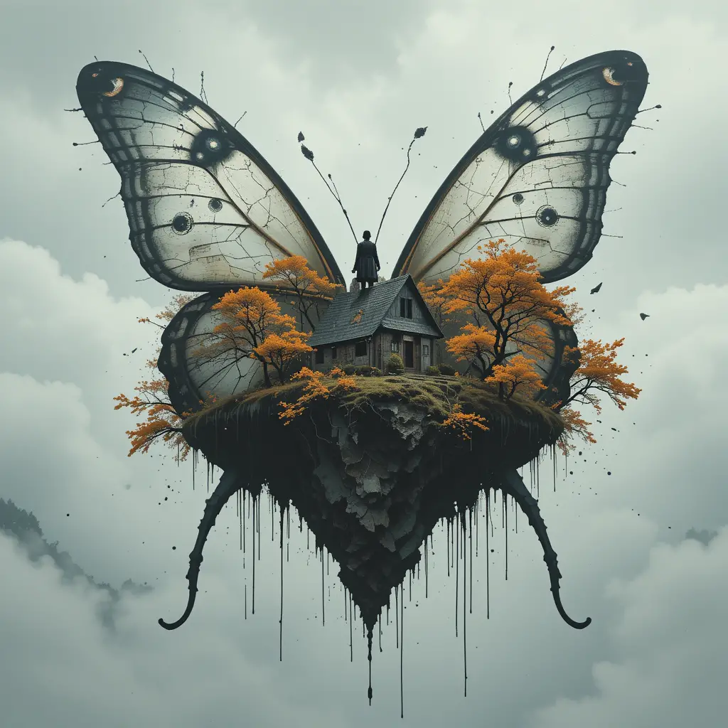 Giant butterfly island with cottage in surreal autumn sky