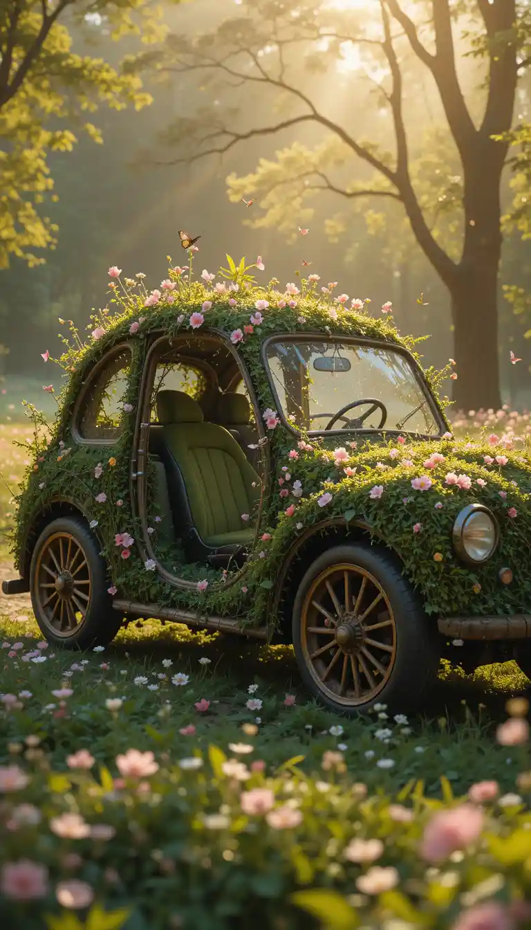 Grass covered concept car driving through sunny countryside